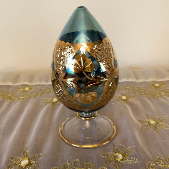 Other - Vintage Egyptian Hand Blown Glass Egg Shaped Gold Etched Pattern Teal Color